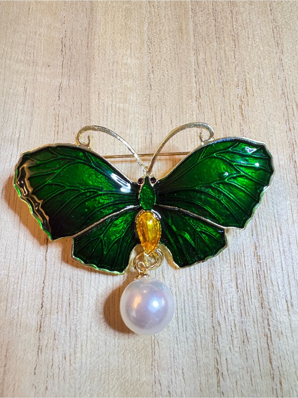 Green Enamel Butterfly Brooch with Pearl Drop